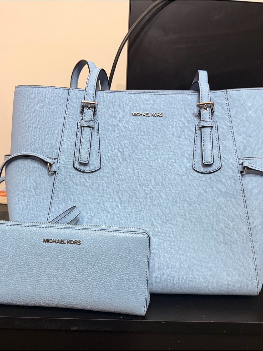 Michael Kors Baby Blue Saffiano Leather Tote with Matching Wallet